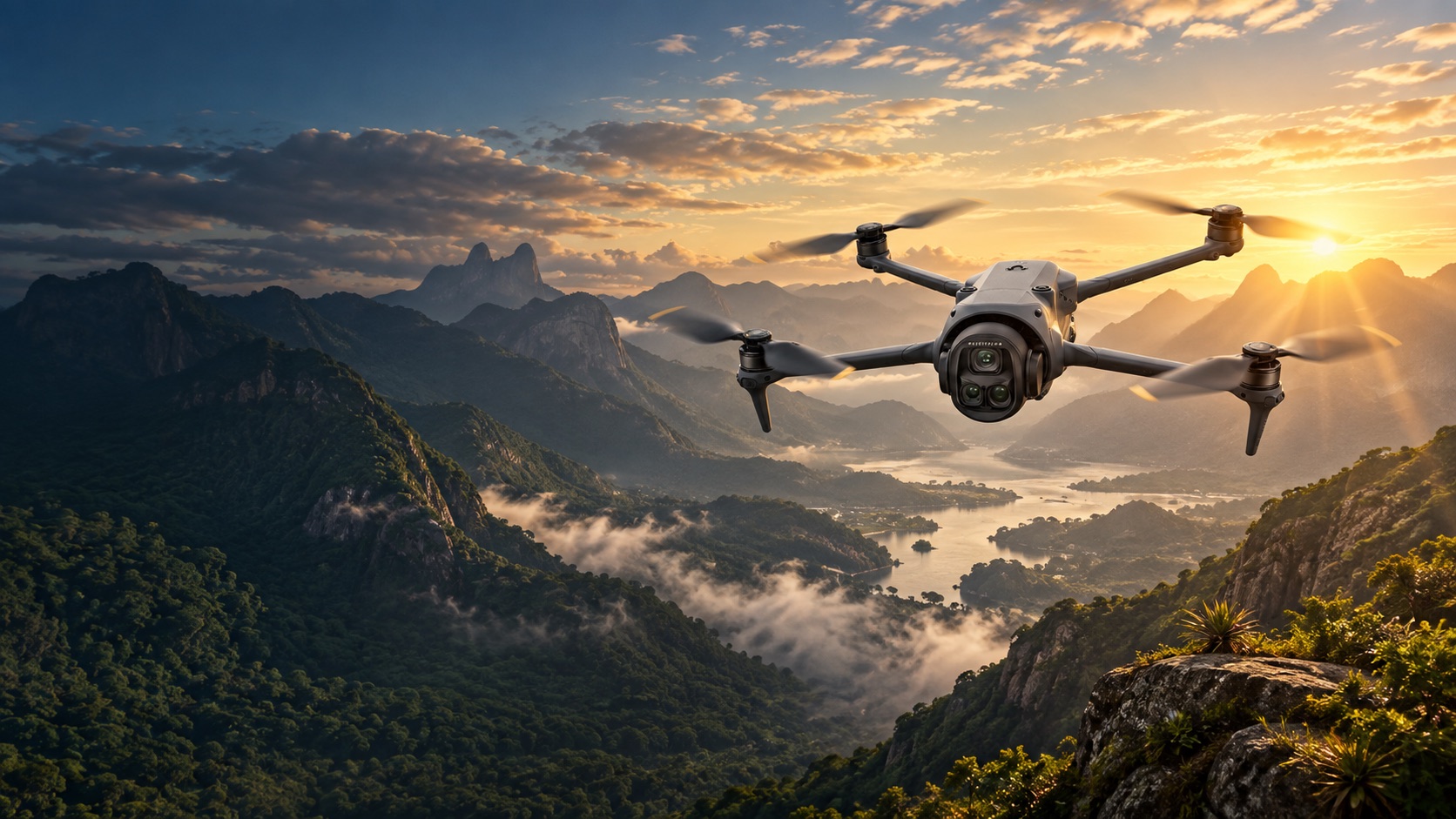 DJI Mavic 4 Pro voando sobre montanhas ao nascer do sol